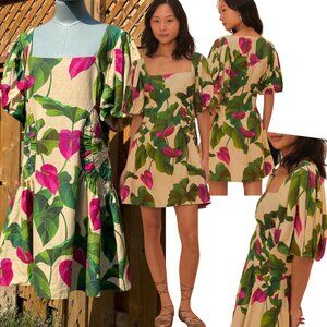 🆕 FARM Rio 🧿 NWOT Anthurium Leaves Linen Square Neck Mini Dress, Sand - Sz XL